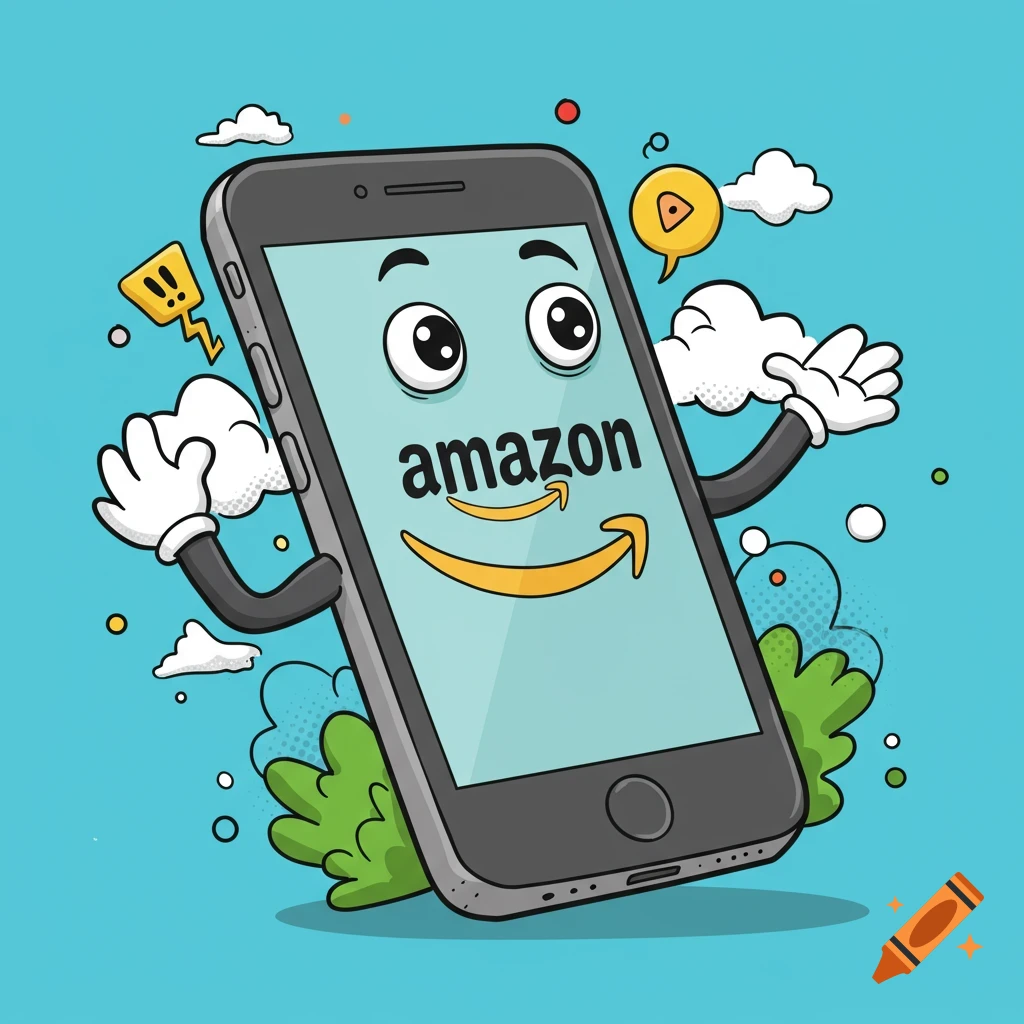 Cartoon mobile phone character with Amazon logo on screen