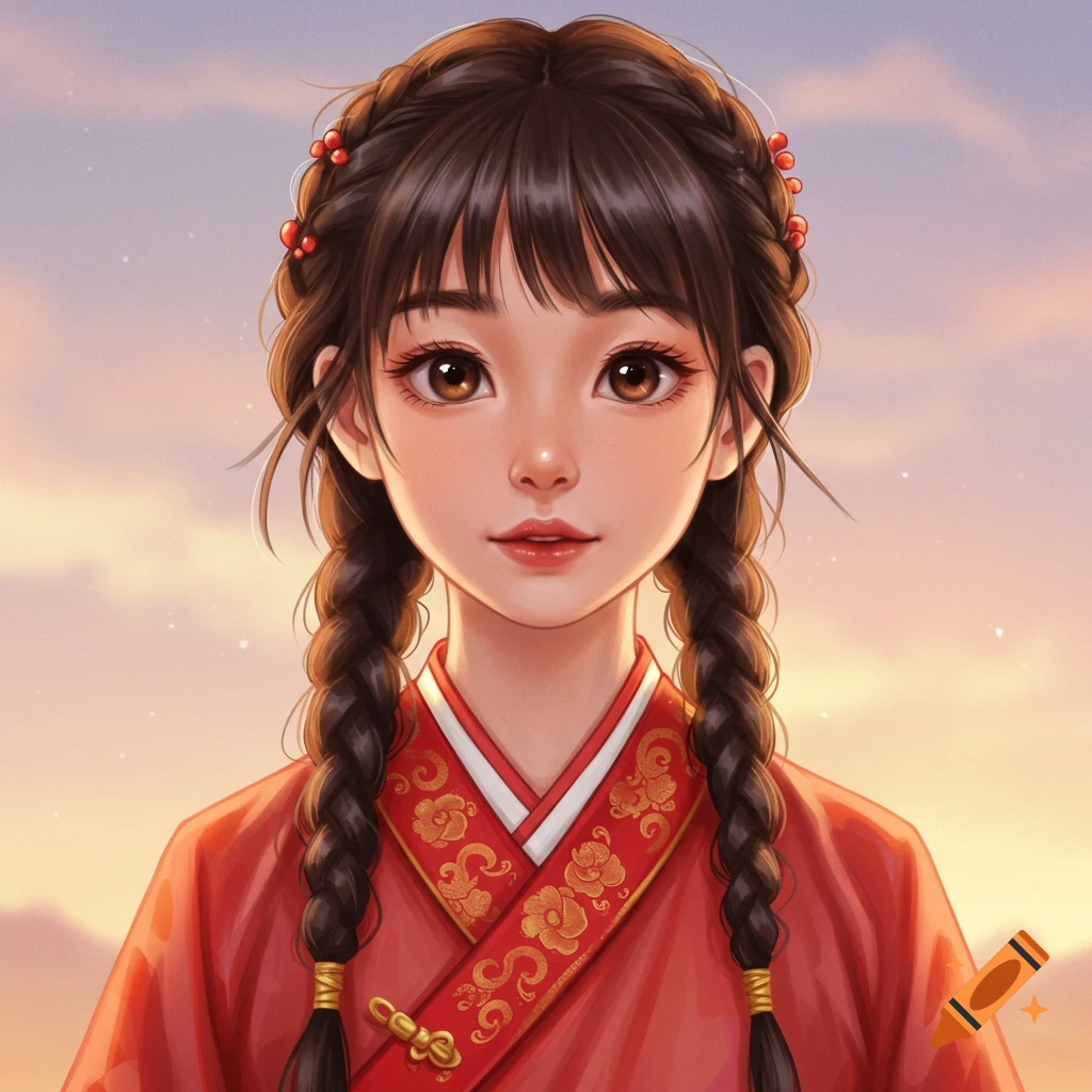 Painting of an Asian girl with braided hair wearing traditional red clothing.