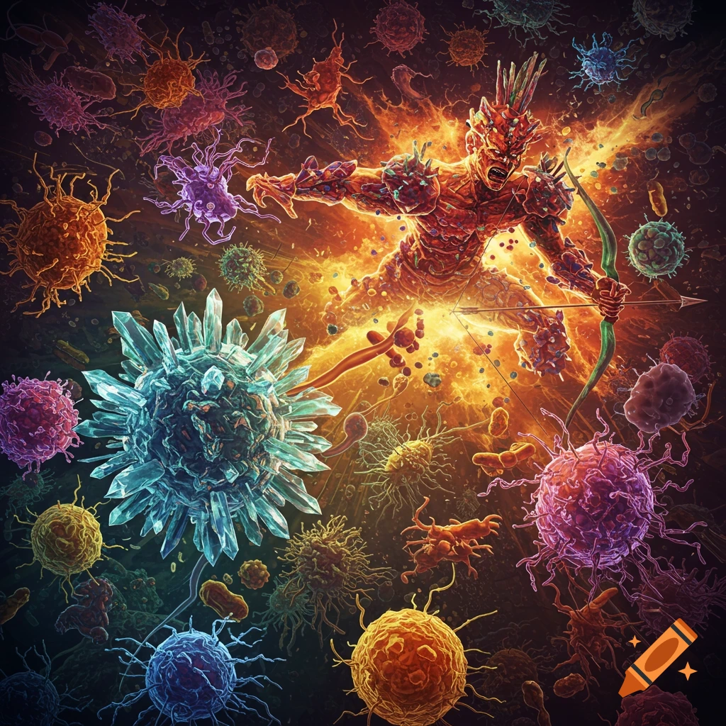 A fiery creature battles various cells, representing the immune system.