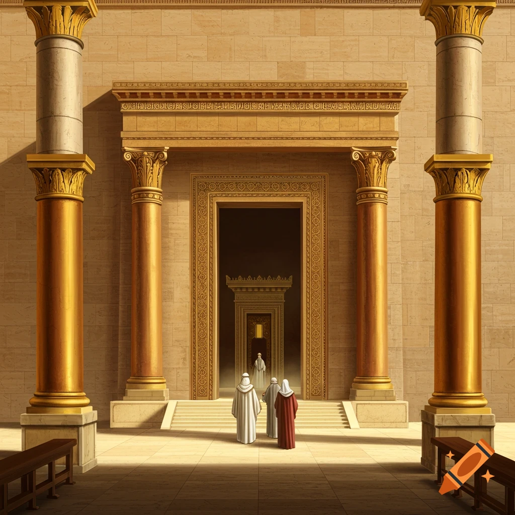 A grand temple entrance with golden pillars and figures approaching.