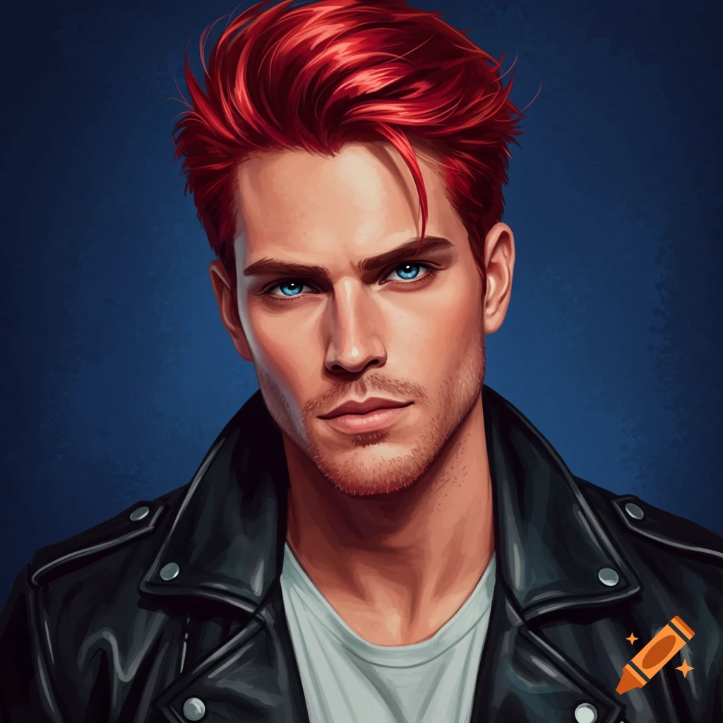 A handsome man with red hair, blue eyes, and a black leather jacket.