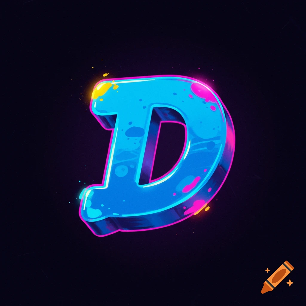 Stylized neon blue and pink letter D with paint splashes on a dark background.