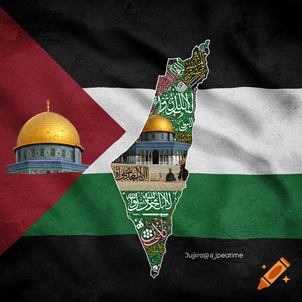 Map of Palestine filled with the Dome of the Rock and Arabic calligraphy over a Palestinian flag.