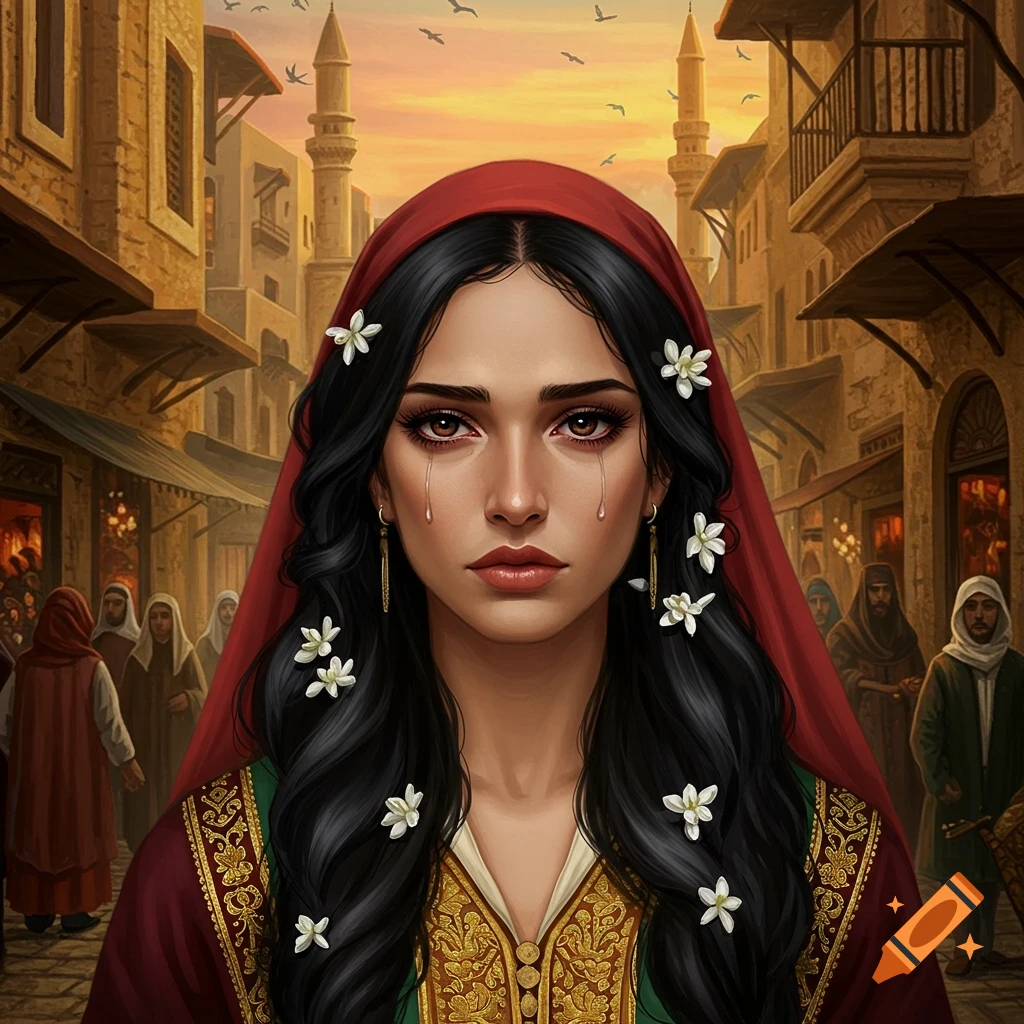 A woman crying in traditional Middle Eastern clothing stands on a city street.