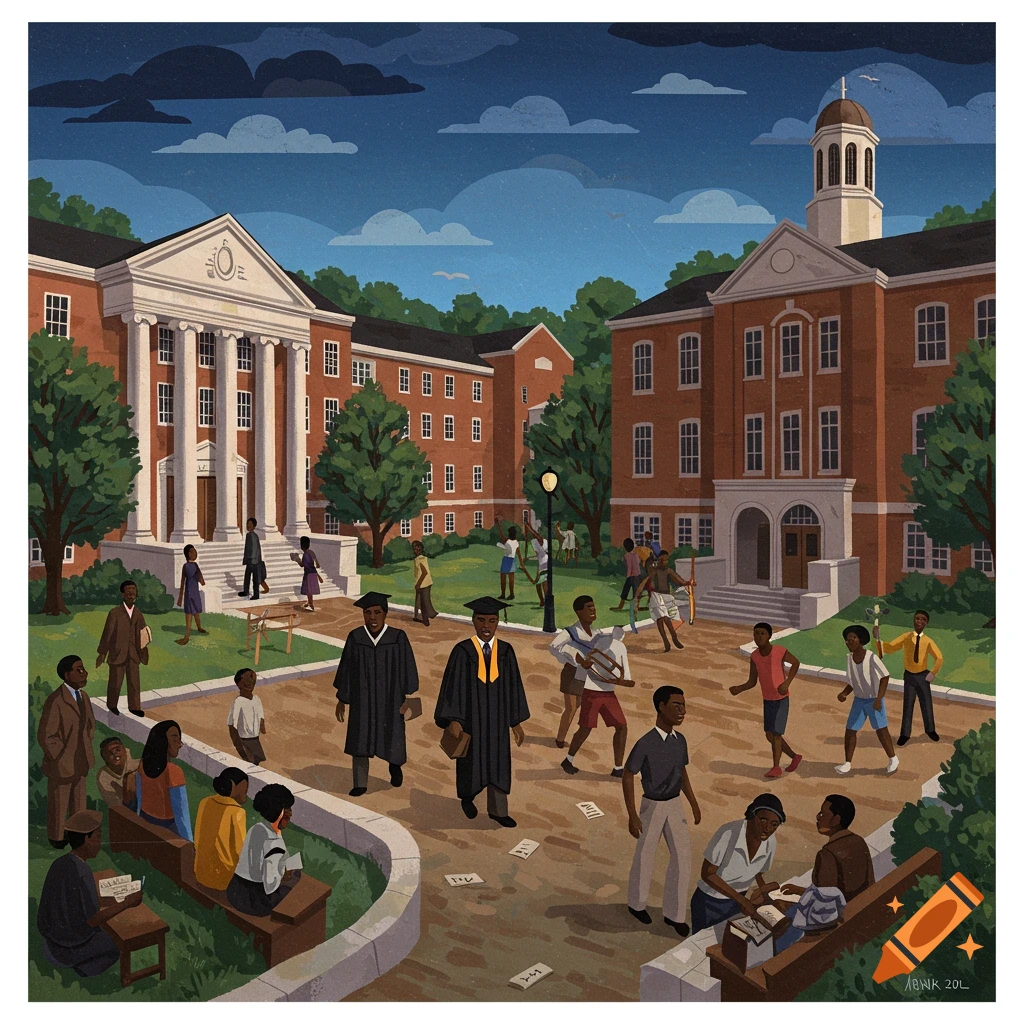 A scene in the style of Jacob Lawrence depicting students and graduates on a college campus.