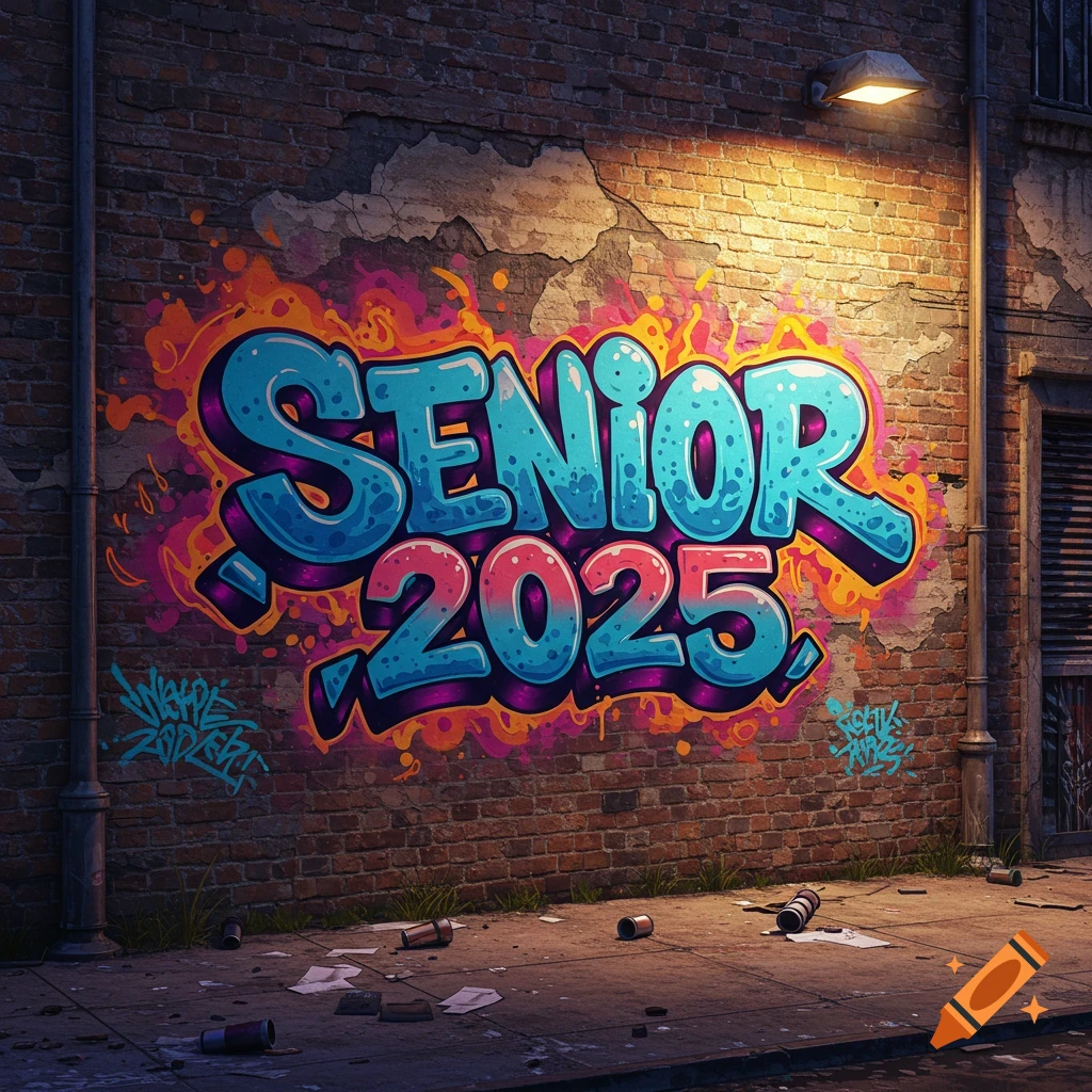 Colorful SENIOR 2025 graffiti on a brick wall at night.