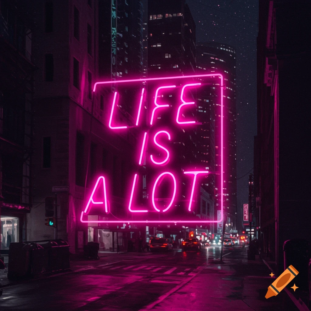 Pink neon sign reading 'LIFE IS A LOT' on a dark city street at night.