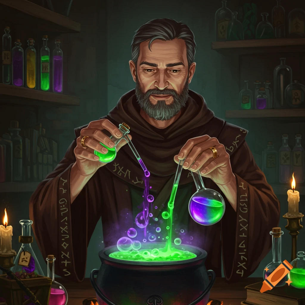 A man in robes makes a glowing potion in a cauldron in a fantasy lab.