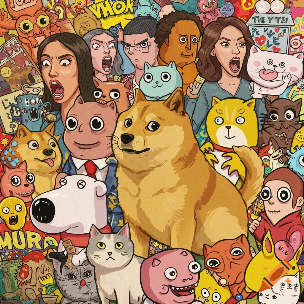 Busy collage of meme characters and stylized animals and people.