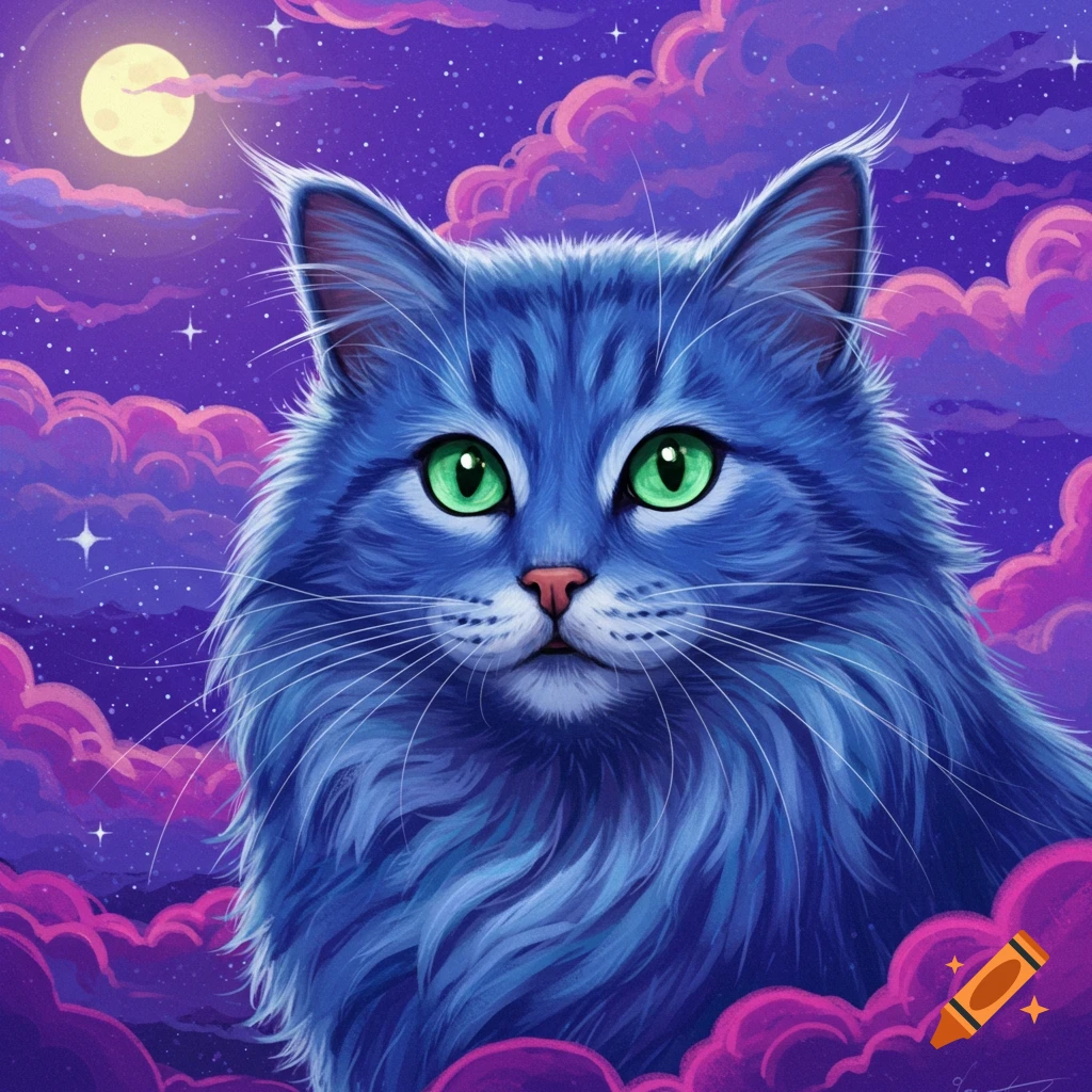A blue cat with green eyes is shown against a starry night sky with purple clouds and a moon.