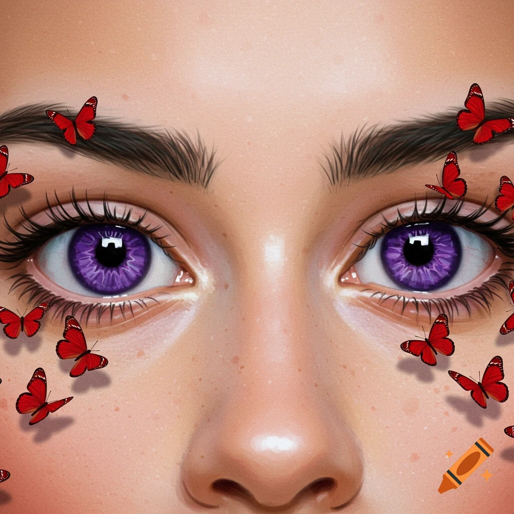 Close-up of human eyes with purple irises surrounded by red butterflies.