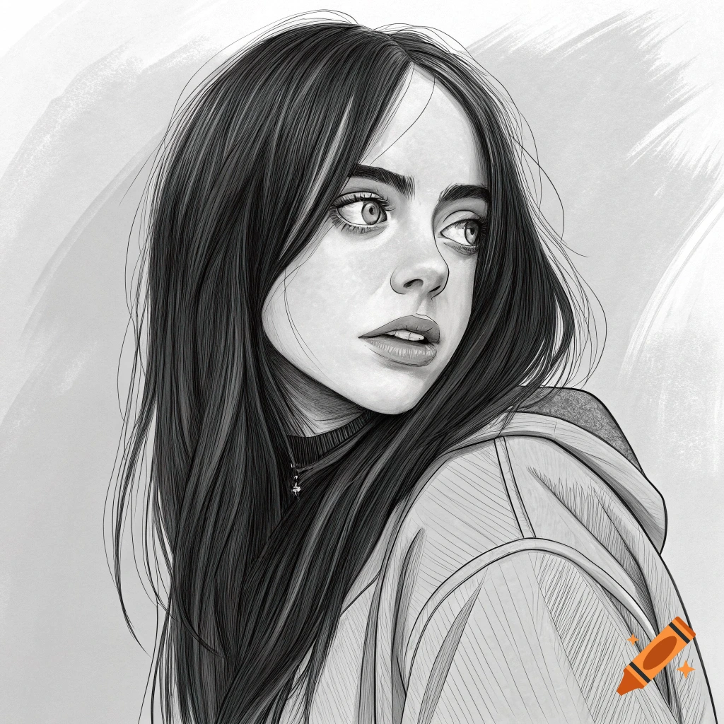 Black and white digital sketch portrait of Billie Eilish looking sideways.