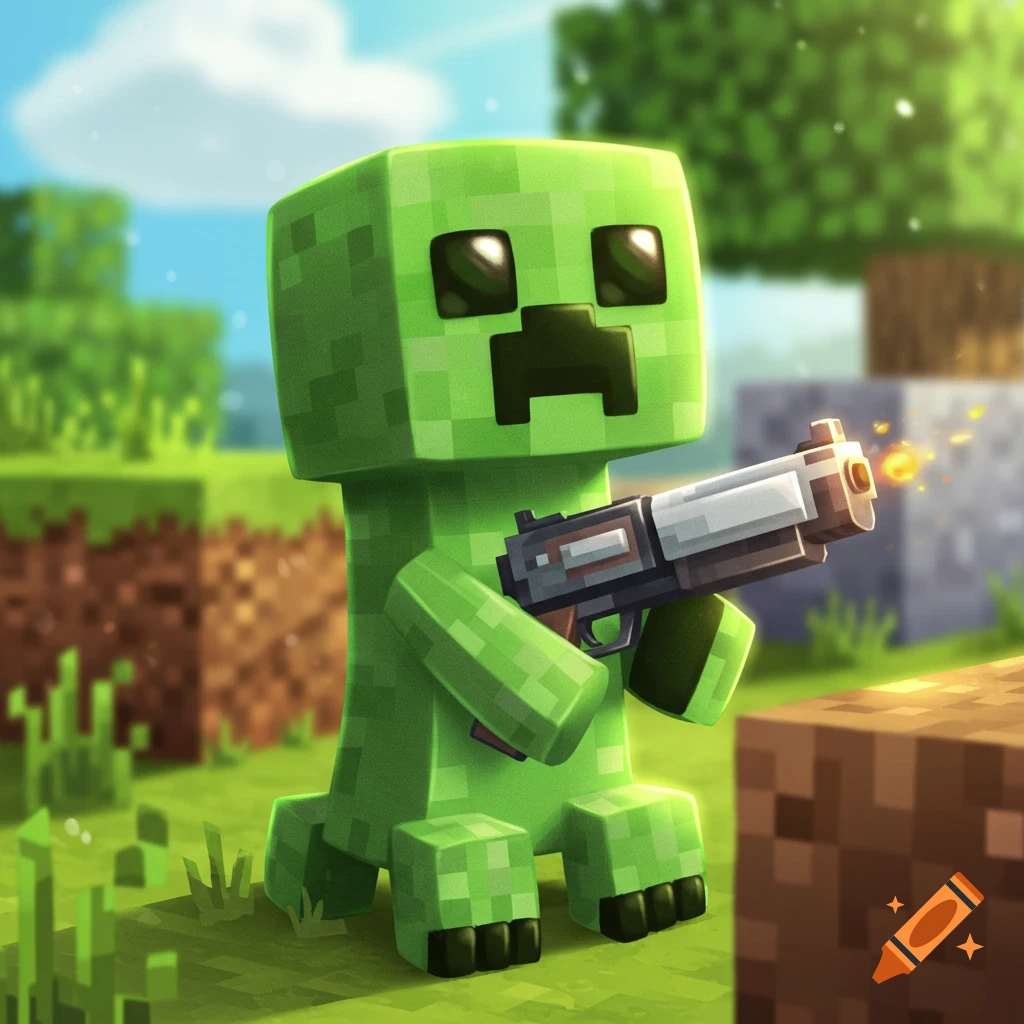 A cute Minecraft Creeper holds a pistol in a blocky world.