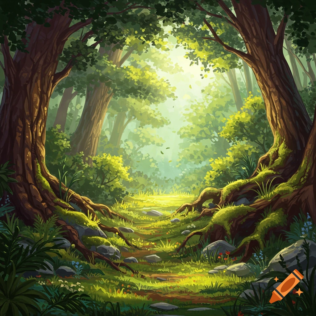 A sunny forest path winds through mossy roots and trees.