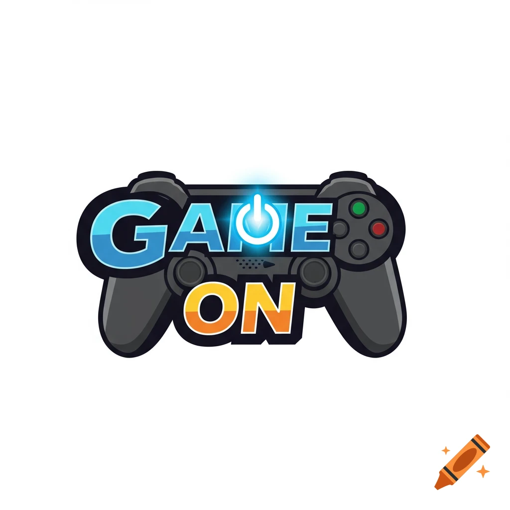 Graphic gaming logo featuring a controller with the words GAME ON, with the O styled as a glowing power button.