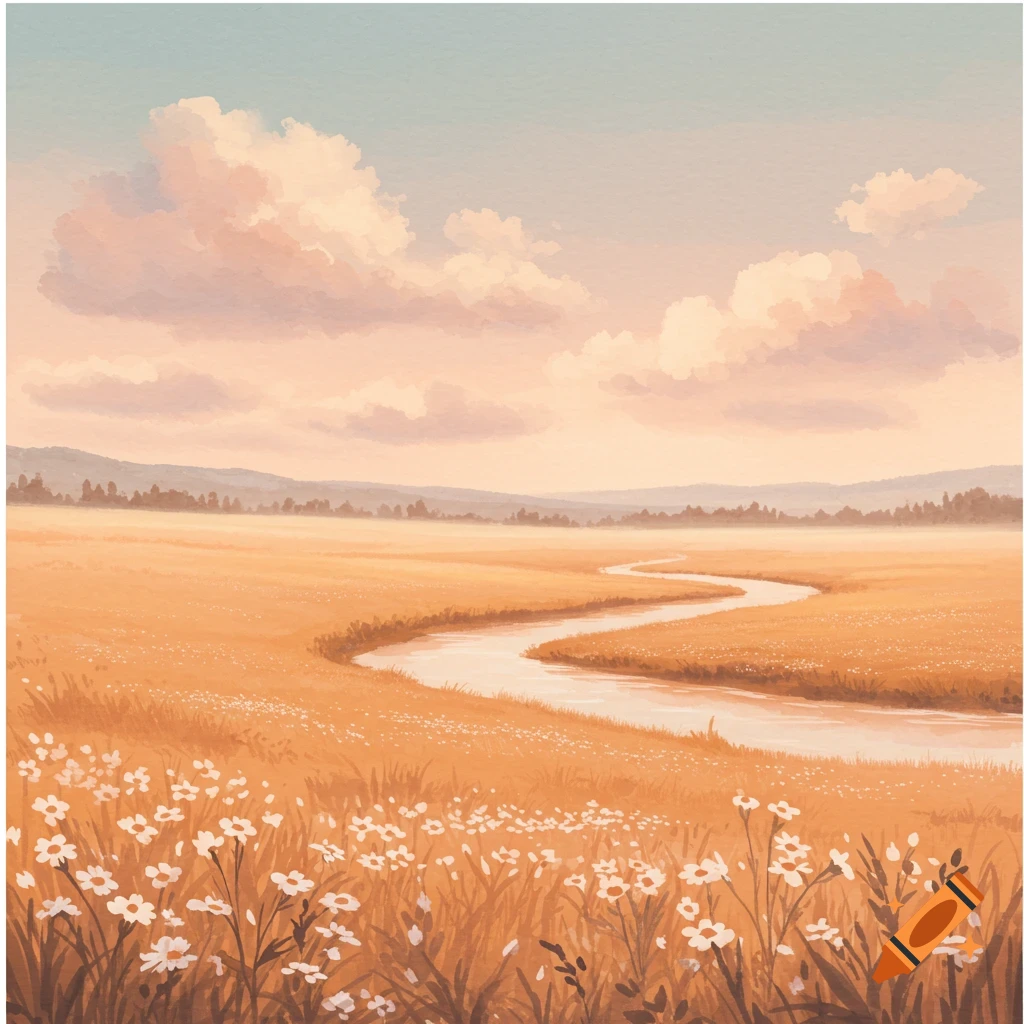 Watercolor landscape of a river winding through a field of orange grass and white flowers under a cloudy sky.
