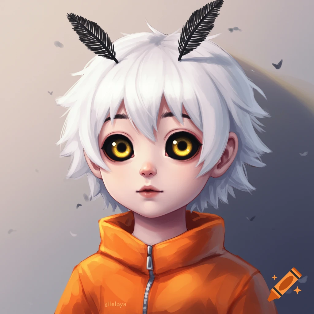 An anime portrait of a child with white hair, large yellow eyes, and moth antennae wearing an orange jacket.