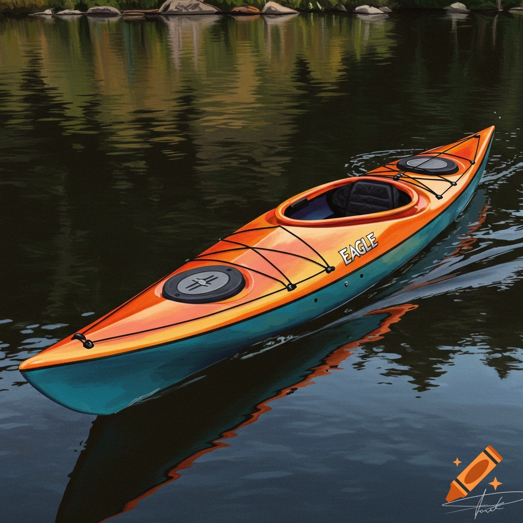 An orange and teal Eagle kayak floating on dark water reflecting trees and sky.