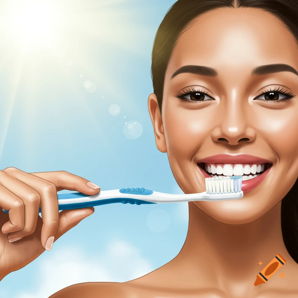 A person smiles while holding a toothbrush to their teeth, against a sunny sky.