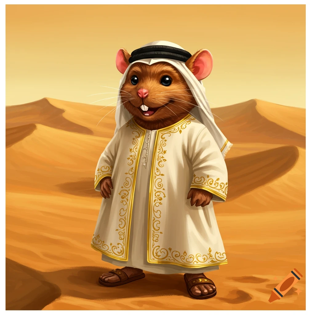 Cartoon rat in traditional Arabic clothing standing in a desert. on Craiyon