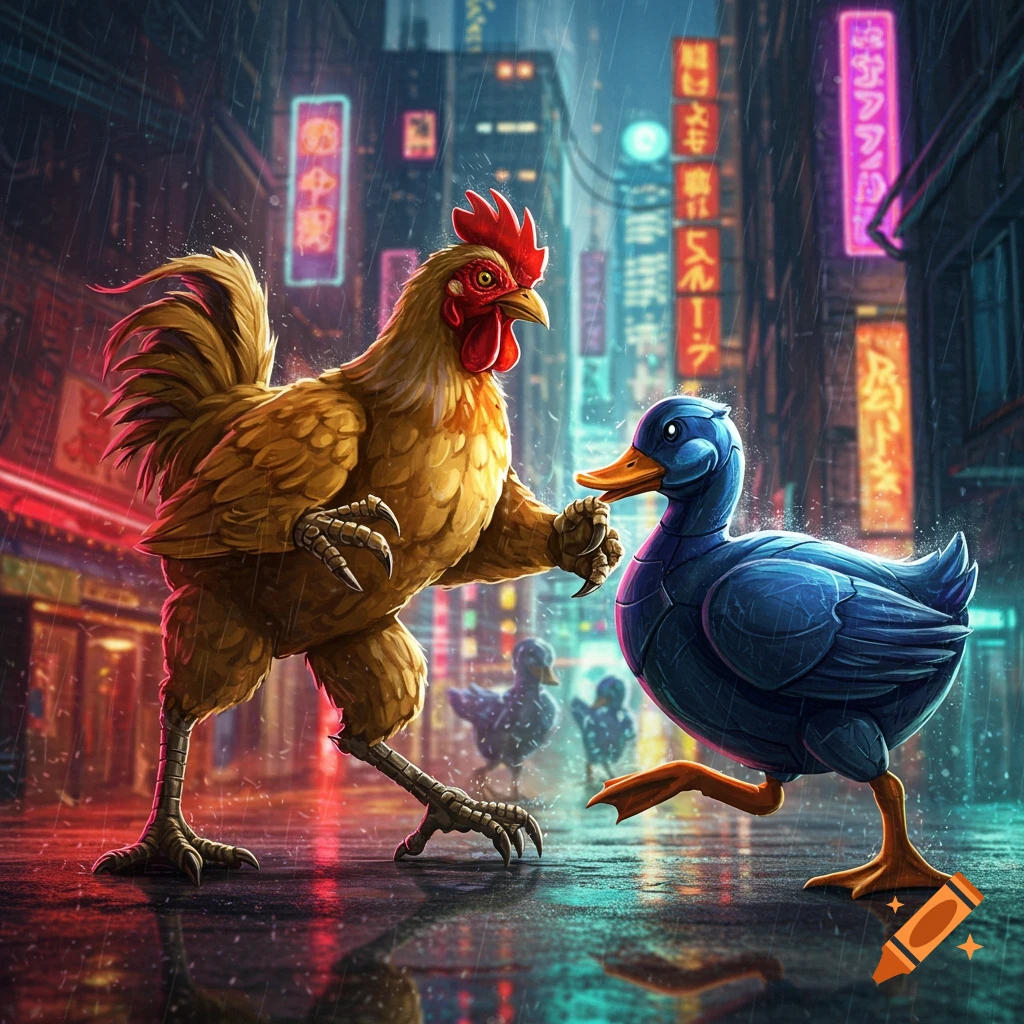 Anthropomorphic chicken and duck mechs face off on a rainy, neon-lit city street.