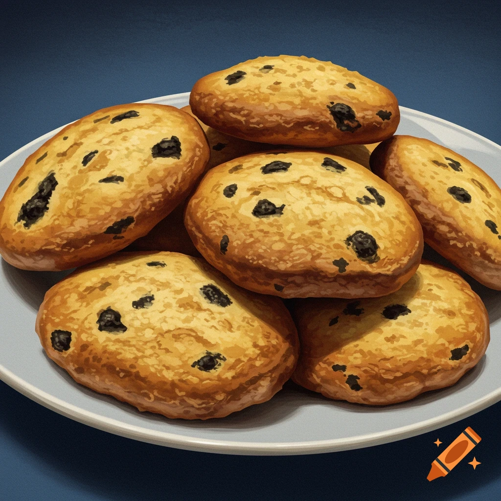 Cookies or biscuits with dark spots on a plate.