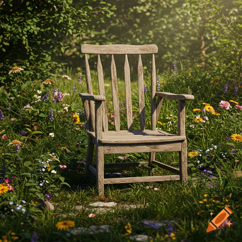 A wooden chair sits in a sunny garden overflowing with colorful flowers and lush greenery.