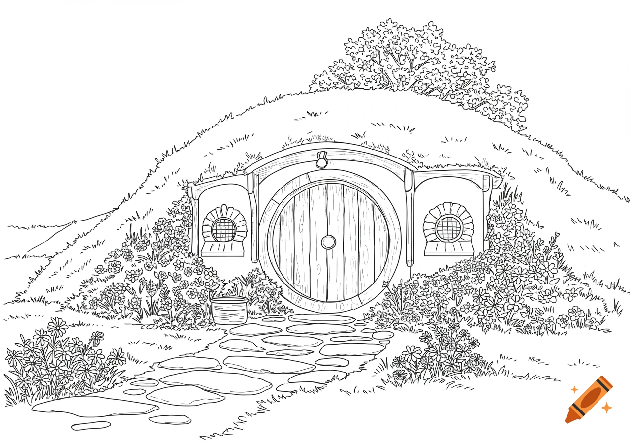 Black and white line drawing of a hobbit house built into a hill with a round door and garden path, coloring book style.