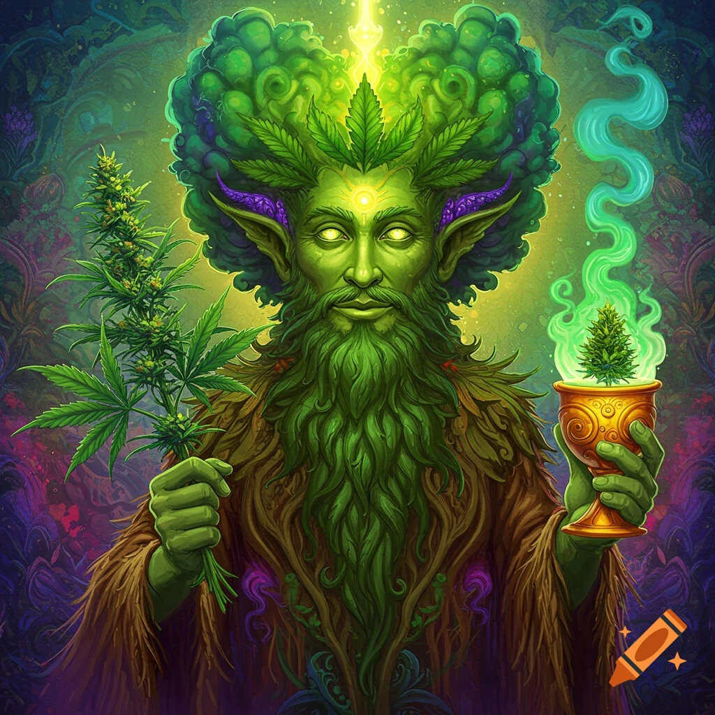 A green fantasy figure with leaves in hair and beard holds cannabis plants, in vibrant colors.