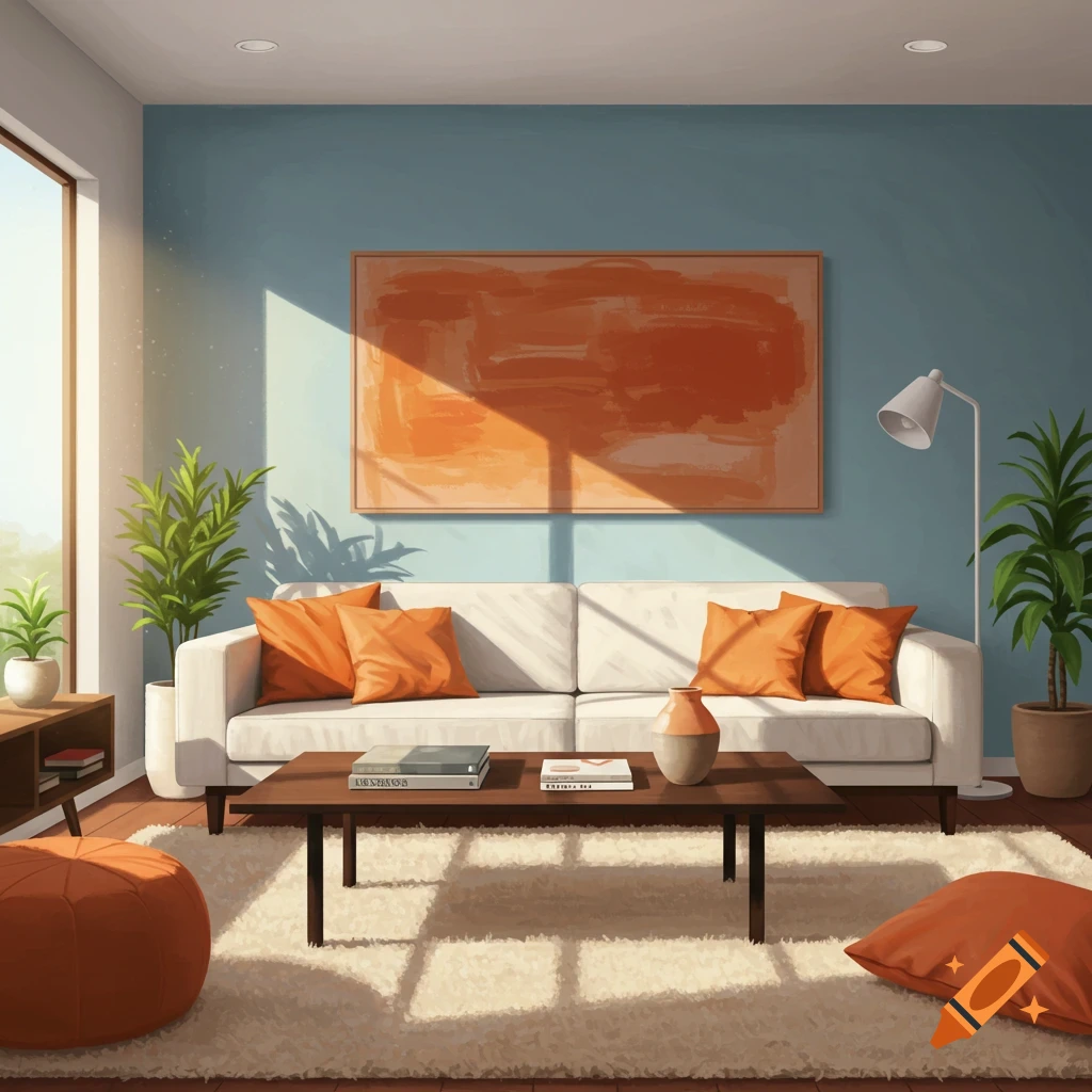 A bright living room with a white couch, orange pillows, coffee table, plants, and an orange painting.