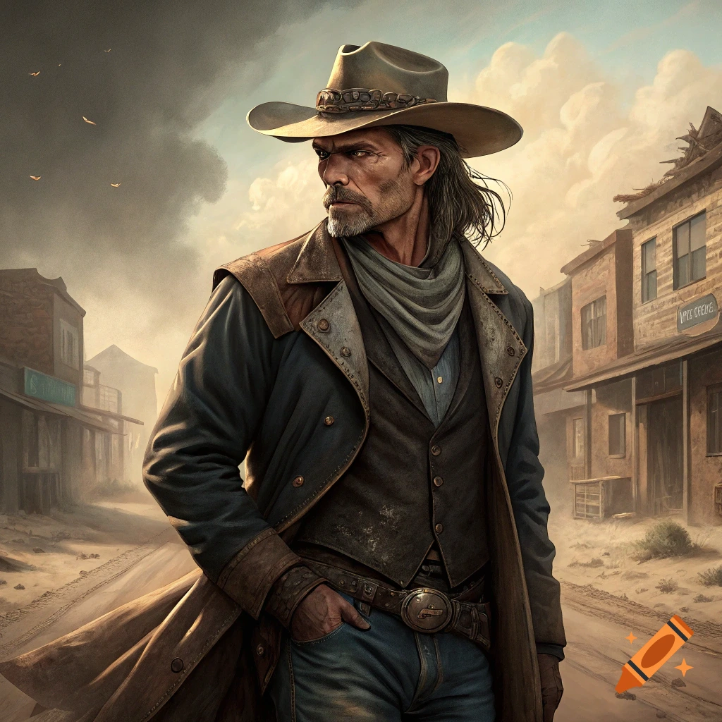 A rugged cowboy stands in the street of a dusty western town.