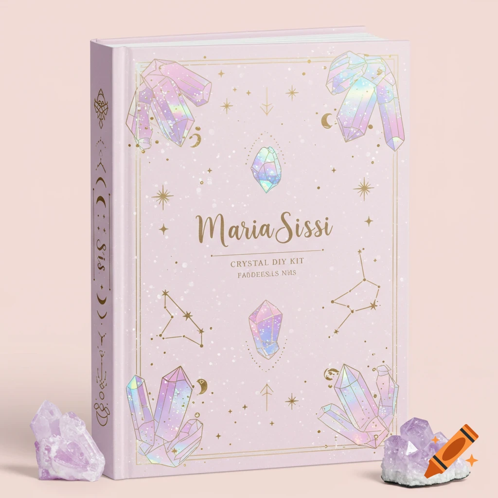 Pink packaging for a crystal DIY kit with holographic crystals and gold celestial art