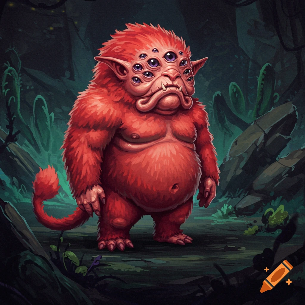 A red, hairy monster with eight purple eyes and a tail stands in a dark forest.