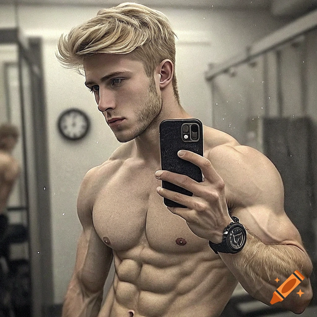 Muscular man taking a mirror selfie at the gym.