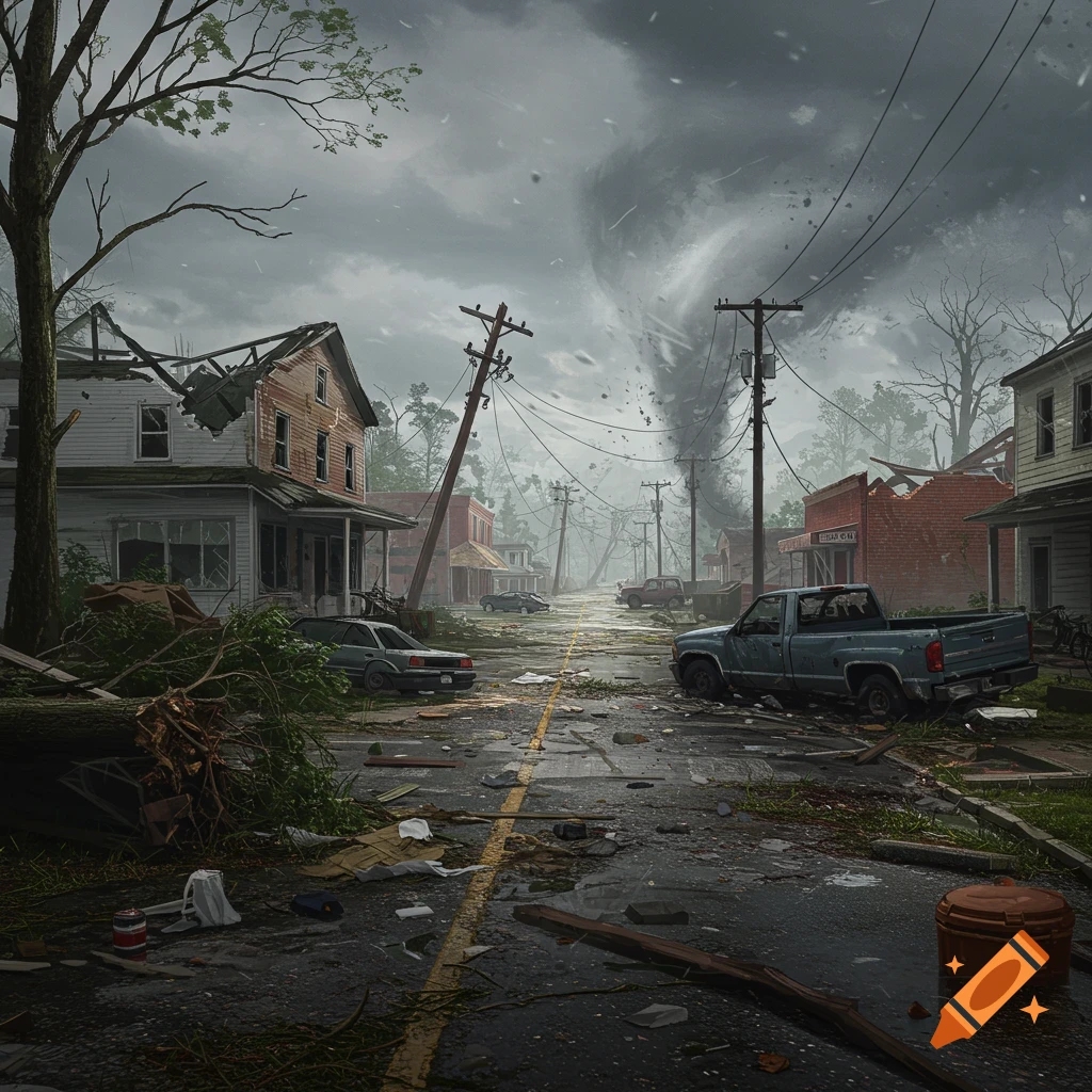 A destroyed small town street after a tornado, with debris and damaged buildings.