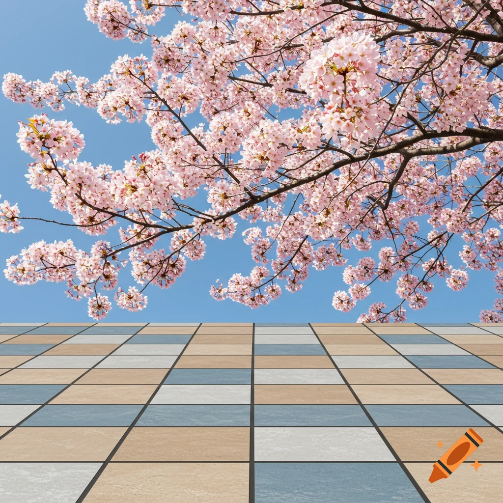 Pink cherry blossoms over a tiled patio under a blue sky.
