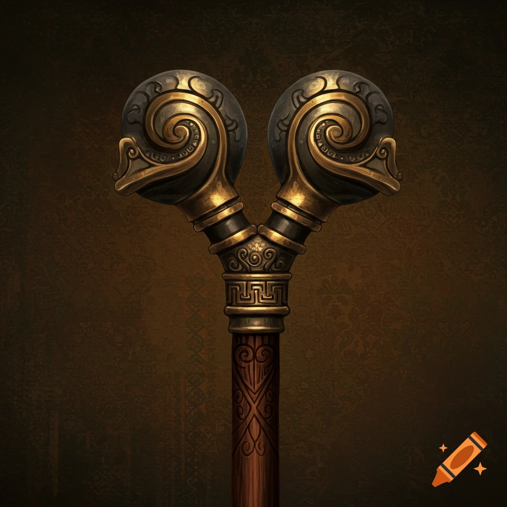 A close-up of the top of a double-headed flanged staff, featuring intricate bronze and gold spiral and geometric patterns on a dark wood handle.
