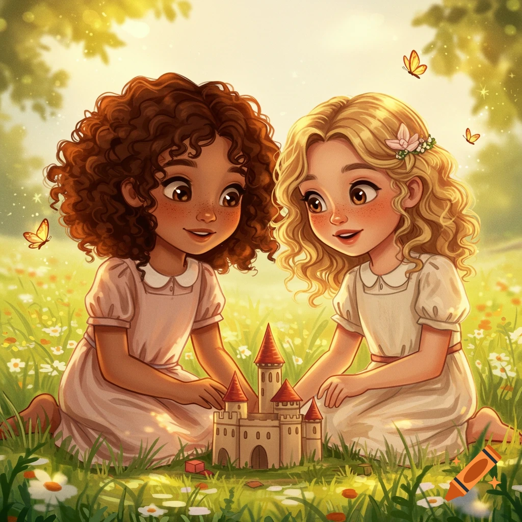 Two young girls playing with a castle in a sunny meadow.