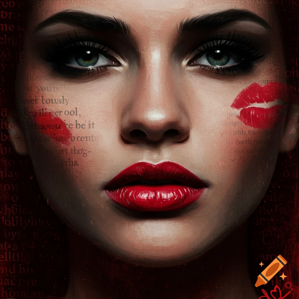 a woman's face with red lips, dark makeup, lipstick kiss marks, and overlaid text.