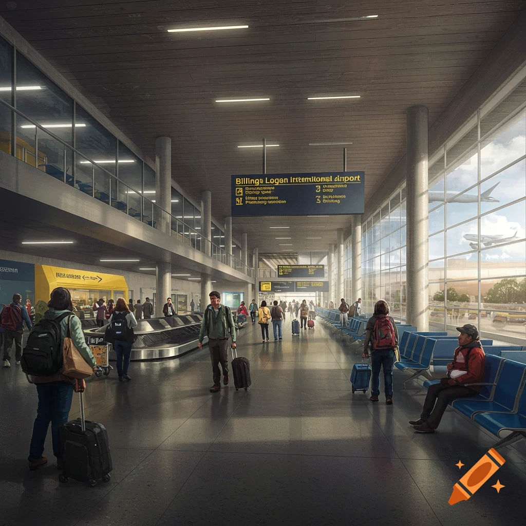 People at baggage claim in an airport terminal with signs and windows showing an airplane outside.