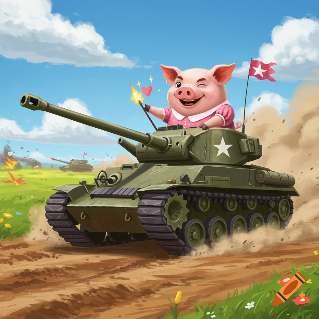 Cartoon pig in a pink dress driving a tank on a battlefield with explosions.