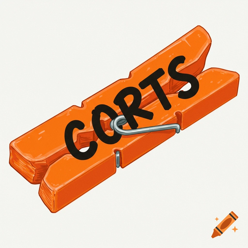 An orange clothespin with the word CORTS on it