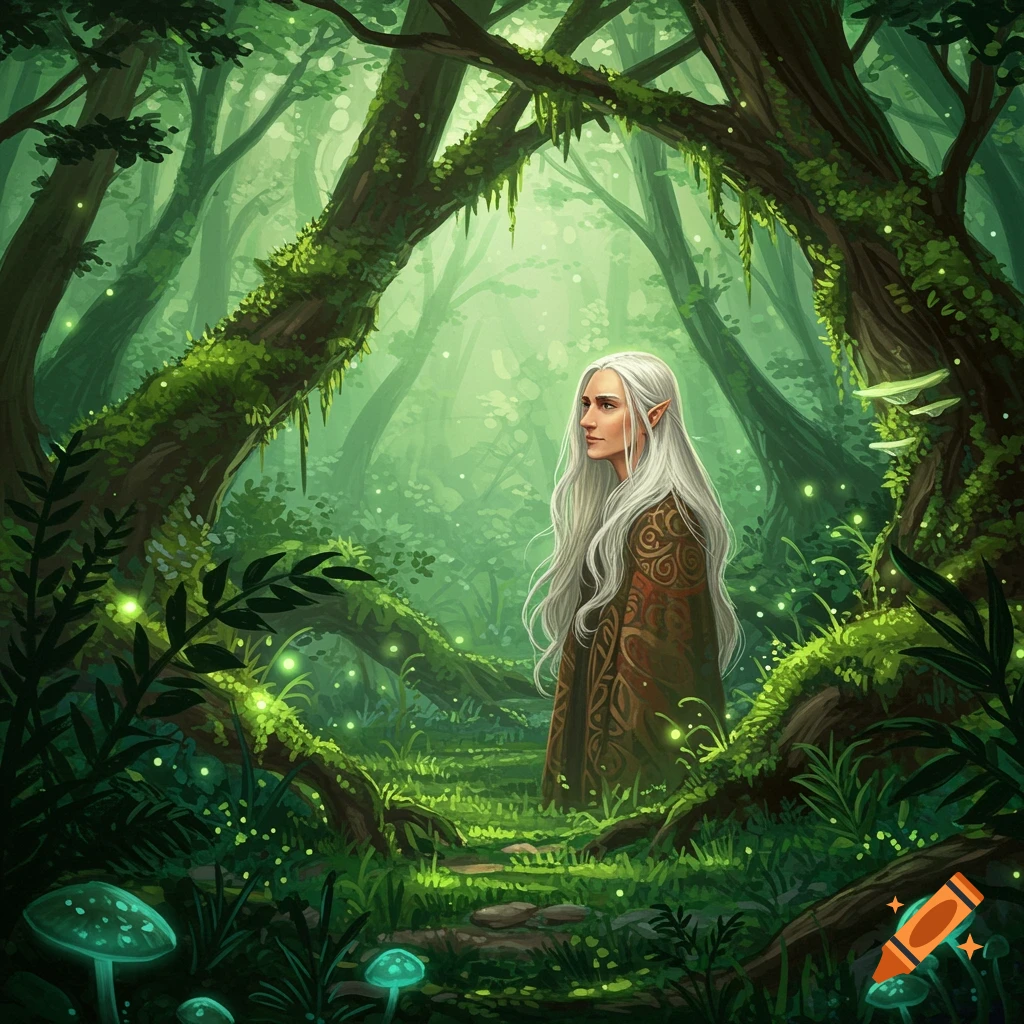 An elf with white hair stands in a magical enchanted forest
