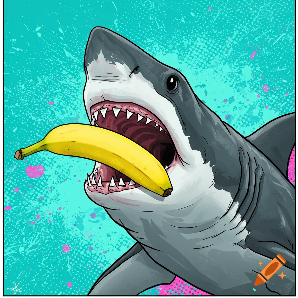 Shark with its mouth open, eating a banana against a teal background.
