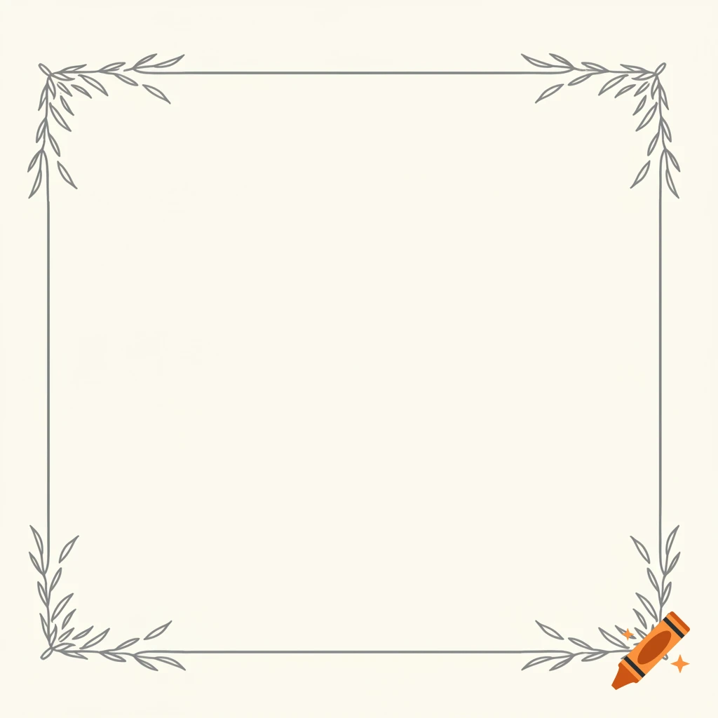 A square border design with a thin grey line and small leaf details in the corners on a creamy white background.