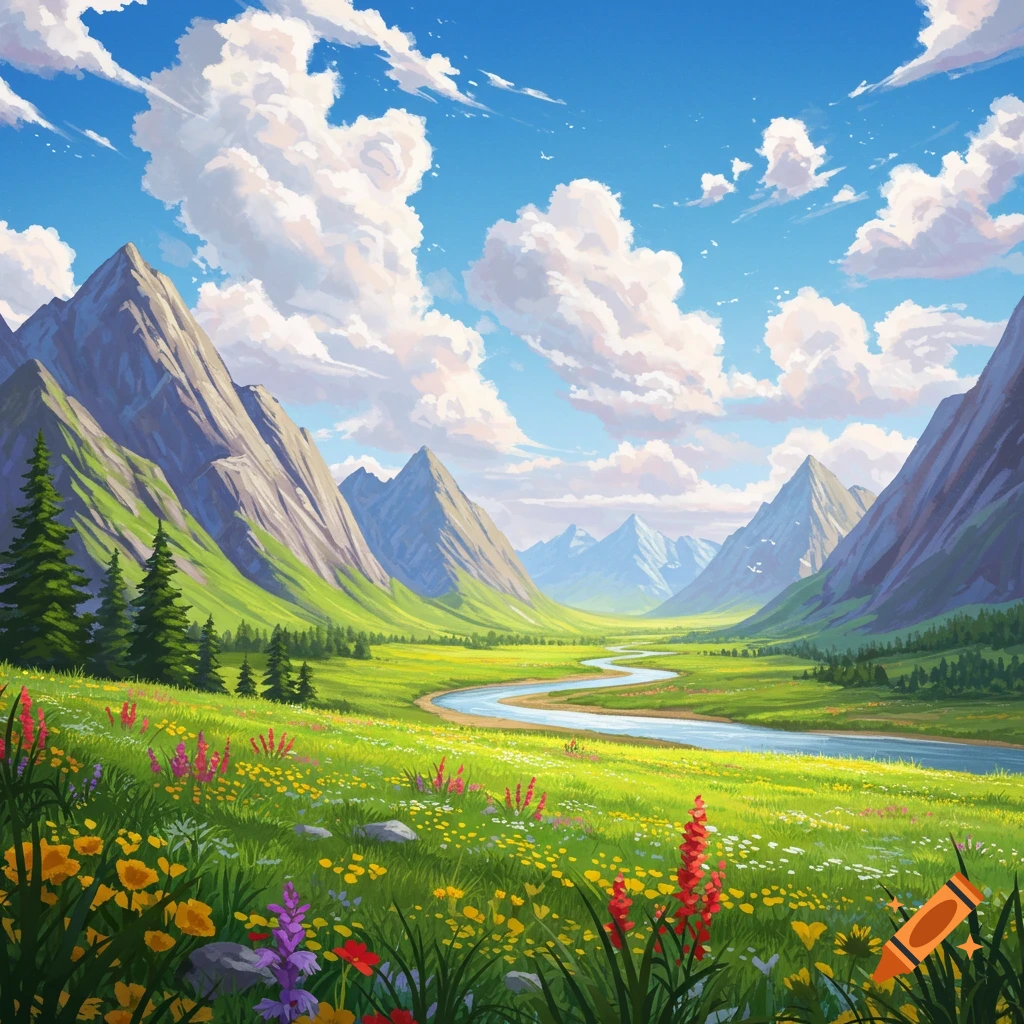 A colorful image of a mountain valley with a winding river and wildflowers in the foreground.