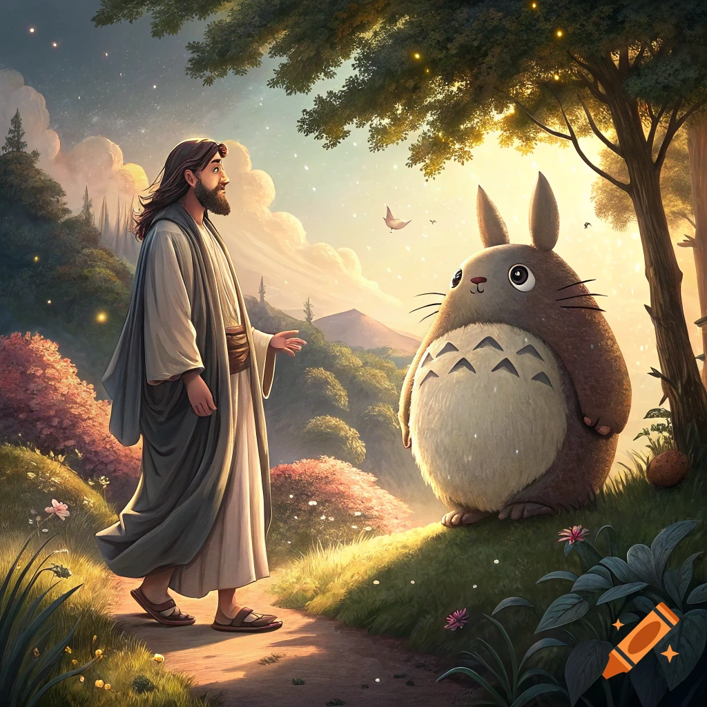 Jesus and Totoro stand in a sunny field in a Ghibli-style animation.