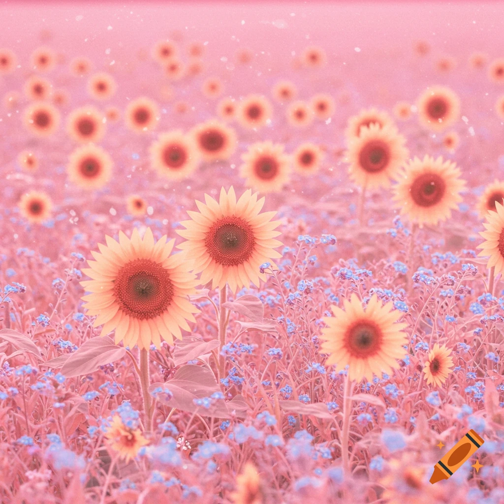 Pink-toned field of sunflowers and blue forget-me-nots