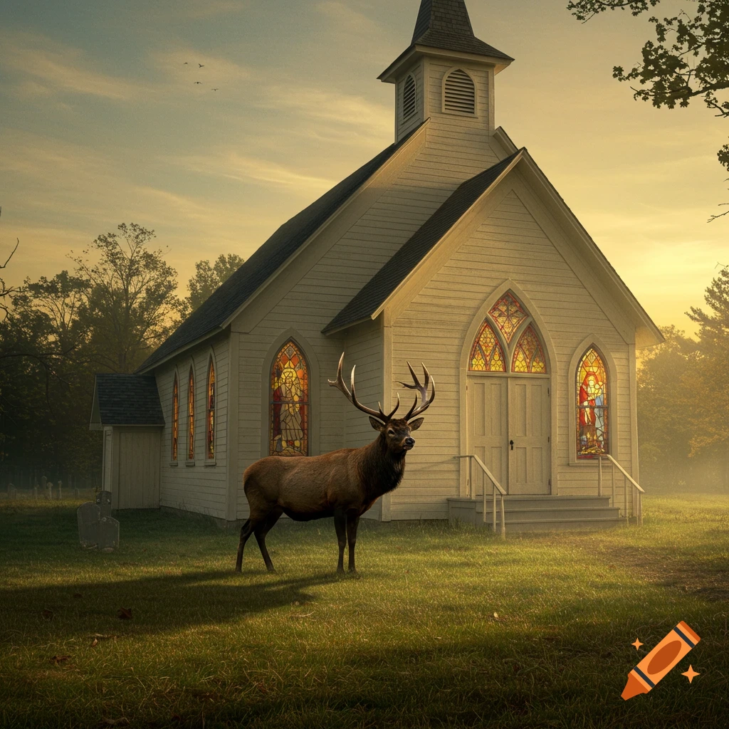 A large elk stands in front of an old white church with stained glass windows in a misty field at sunset.