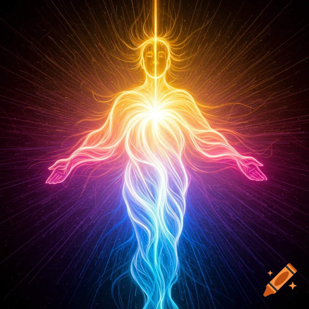 Glowing human figure radiating colorful light against a starry background